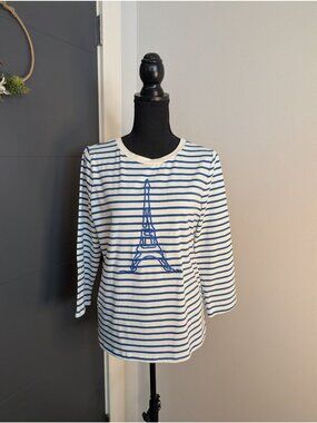 Blue & White Striped Top With‎ Eiffel Tower Embroidery 3/4 Sleeves